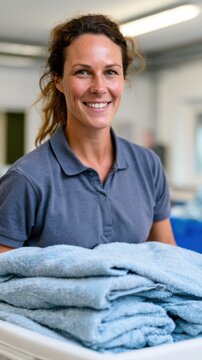 Female laundry worker in gray polo shirt holds a stack of clean blue towels in a bright laundry facility with washing machines and baskets in the background