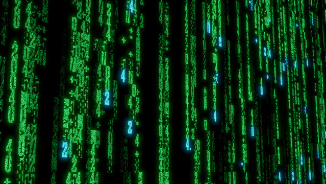 Dense Array of Green and Blue Alphanumeric Characters on Black Background with Pixelated Texture for Digital Technology and Coding Visuals