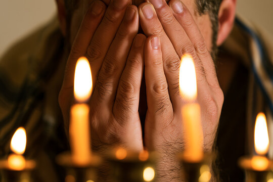 Yom Kippur observance with a man covering his face in reflection while candles burn