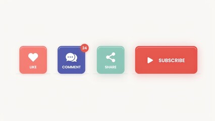 Obraz premium Digital social media interaction buttons featuring like comment share and subscribe icons in soft pastel colors