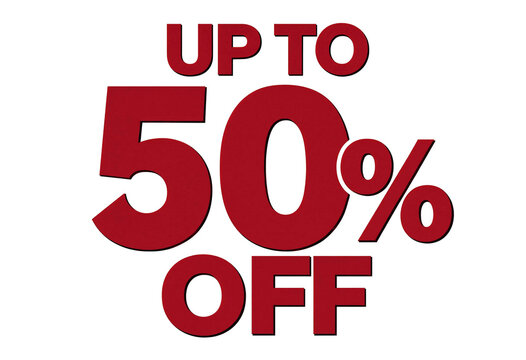 Eyecatching bold red sale discount banner with up to fifty percent off promotion text