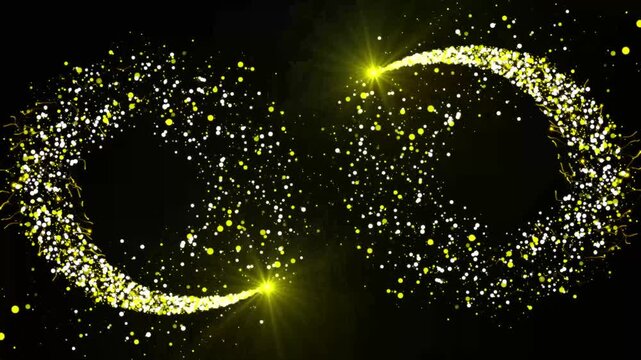 Luxury golden magic light glitter stars line effect animation with twinkling fairy pixie dust particles, curved shimmering particle path, and light flares overlay on black screen, 4k seamless loop.