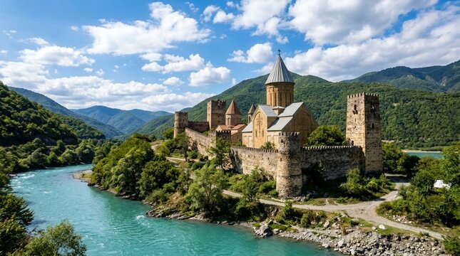 Ancient Georgian fortress on river bank, Ananuri Castle, scenic landscape