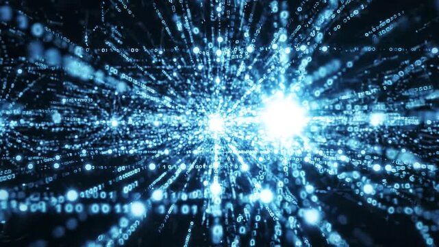 Blue binary code funnel with data grid horizon. Server processing, machine code and computing power concept