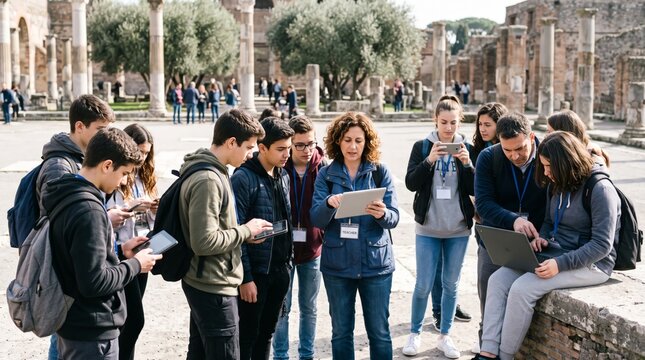 A teacher guides students using tablets and a laptop