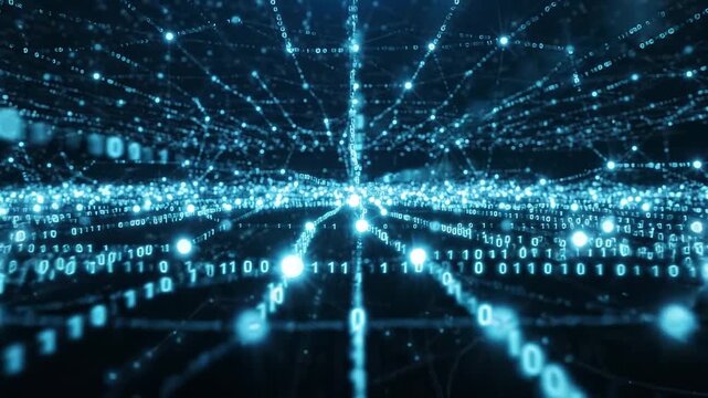 Blue binary code funnel with data grid horizon. Server processing, machine code and computing power concept