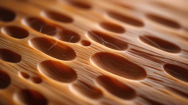 Abstract Wood Grain: Close-up of a wooden surface with a repeating pattern of elliptical depressions, highlighting the natural grain and texture of the wood with warm lighting.