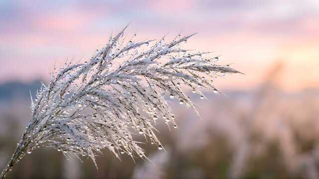 Dew-Covered Kash Grass Plumes in Soft Autumn Morning Light
