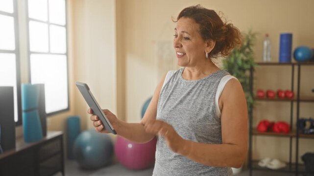 Middle age hispanic woman holding a tablet and tapping the screen with her finger while standing in a yoga training studio with exercise balls; wellness motivation focus.