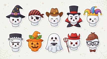 Obraz premium Set of cute cartoon skulls in diverse costumes and hats for halloween with witch hat
