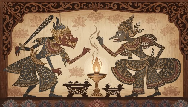 Traditional Southeast Asian Art Depicting Mythological Figures with Lamp