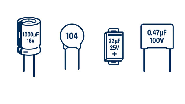 Different Types of Capacitors &ndash; Simple Electronics Vector Illustration on Isolated Background
