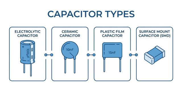 Different Types of Capacitors &ndash; Simple Electronics Vector Illustration on Isolated Background