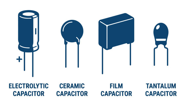 Different Types of Capacitors &ndash; Simple Electronics Vector Illustration on Isolated Background