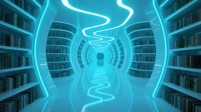 Futuristic library corridor with glowing blue lines