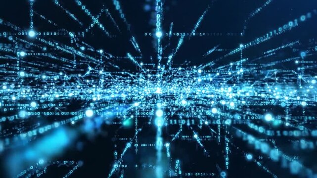 Blue binary code funnel with data grid horizon. Server processing, machine code and computing power concept