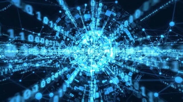 Blue binary code funnel with data grid horizon. Server processing, machine code and computing power concept