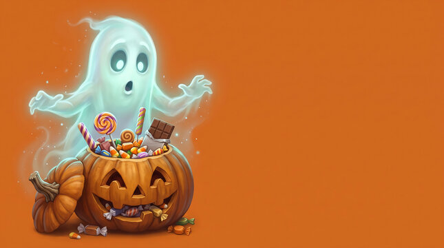 3D rendering of a Ghost figure with a surprised expression, looking behind a pumpkin filled with Halloween candy on an orange background, Concept of trick or treat celebration