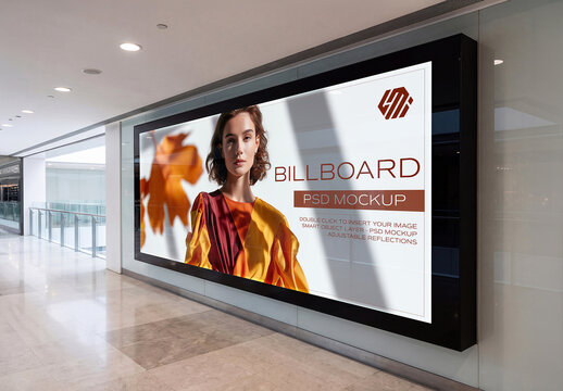 Long Billboard in Empty Shopping Mall Hallway Mockup
