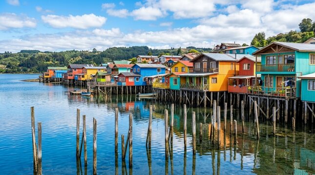 Colorful stilted houses on water, coastal town, bright summer day, travel destination