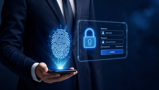 Secure mobile login concept with biometric fingerprint hologram and lock screen interface, isolated on transparent background for modern device security