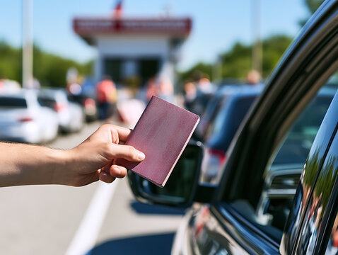 Border crossing traffic at checkpoint with long queues in summer vacation season