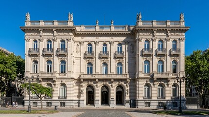 Obraz premium Elegant Historic Building Facade with Ornate Details Under Blue Sky