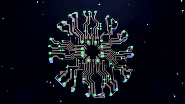 Glowing circuit board shaped like brain rotates in space with illuminated pathways and green nodes, futuristic technology concept against dark starry background animation