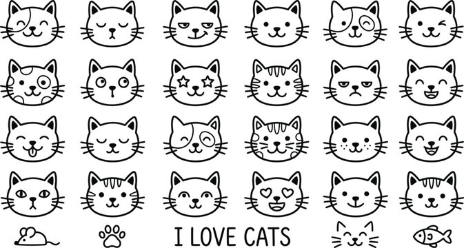 Cute cat emoji icons set, 24 hand drawn kitten faces with different expressions, black line art feline characters for stickers and web design