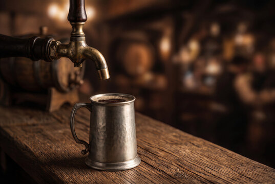 Pewter beer tankard with dark ale under vintage brass tap, wooden cask barrel on rustic tavern pub counter.