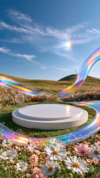 White podium standing in blooming daisy meadow with iridescent bubble and sunny sky for cosmetic product display podium and natural advertising background
