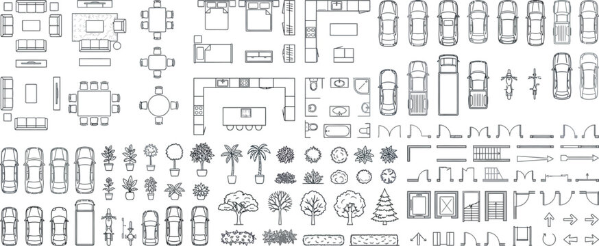 Set of CAD architectural drawings isolated on transparent background featuring top view furniture, plants, vehicles, and building design elements