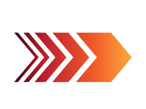 Red orange gradient chevron arrow set pointing right illustration. Multiple layered directional pointer symbols for speed motion and progress design. Isolated flat vector illustration on white 