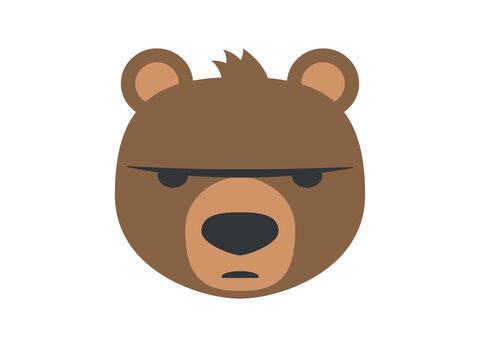 Cute brown bear face icon with round ears, dark eyes, muzzle and small tuft of hair on white background. Friendly animal character creates a simple playful vector illustration for stickers, logos and 