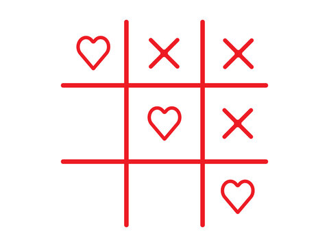 Tic tac toe grid with red heart and cross symbols on white background. Minimal game puzzle design with romantic love concept. Simple outline icon for visual strategy and relationship themes.
