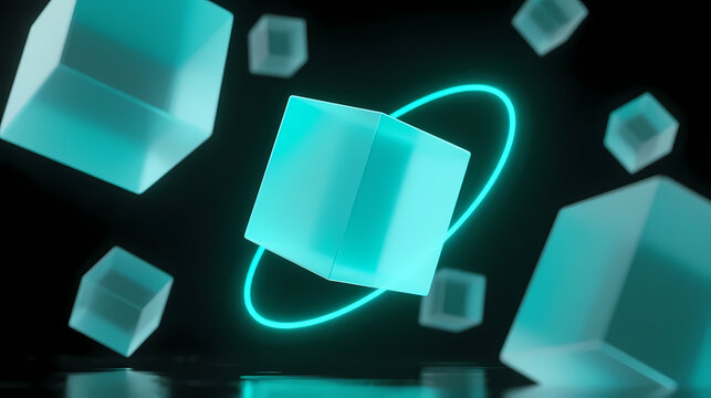 Floating translucent blue cubes in dark space
