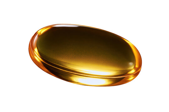 Single oval shaped gelatin capsule filled with golden liquid oil supplement isolated on a transparent background