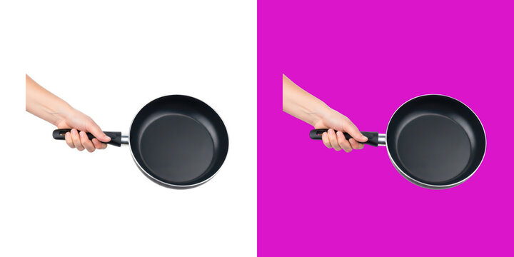 Hands holding black frying pan comparison demonstration transparent png