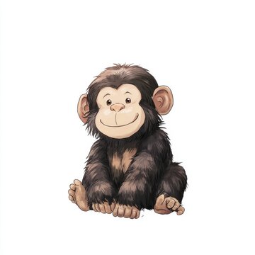 Cute Cartoon Chimpanzee Sitting Isolated On A Plain White Background With Detailed Fur Textures