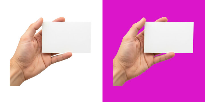 Hands holding blank card split screen composition transparent png