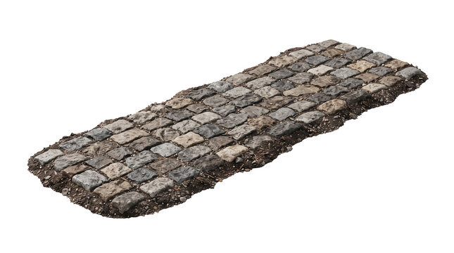 Realistic Old Cobblestone Path Segment Isolated on White Background Weathered Antique Stone Pavement Walkway with Dirt and Soil 3D Rendered Exterior Ground Texture for Architectural Design