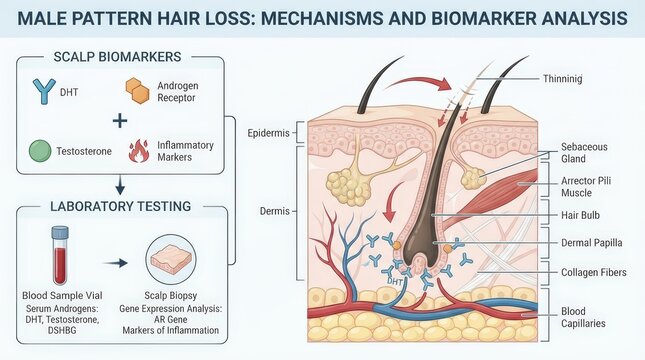 Male Pattern Hair Loss Mechanisms and Biomarker Analysis Diagram