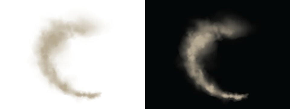 Realistic dust cloud or smoke trail in a circular shape, swirling vortex of sand or debris, dynamic atmospheric effect for motion graphics and visual effects, isolated on transparent background