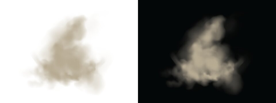 Realistic dust cloud or smoke explosion isolated on transparent background, dynamic swirling particles for visual effects, game design, and compositing elements