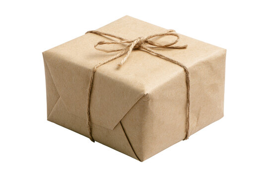 Square gift box wrapped in brown kraft paper tied with natural jute twine string bow isolated on a transparent background