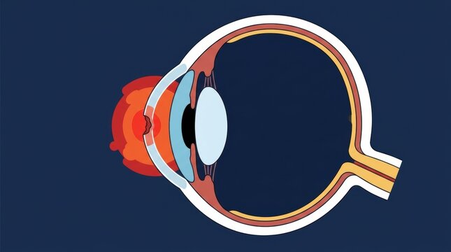 Medical illustration of a human eye cross section showing a corneal ulcer and inflammation