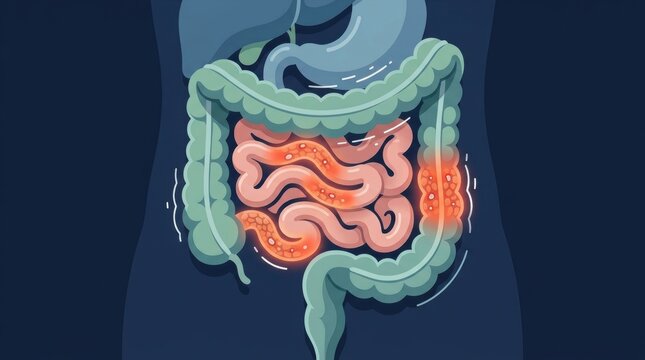 Medical illustration of human digestive system showing inflammation in the small and large bowel