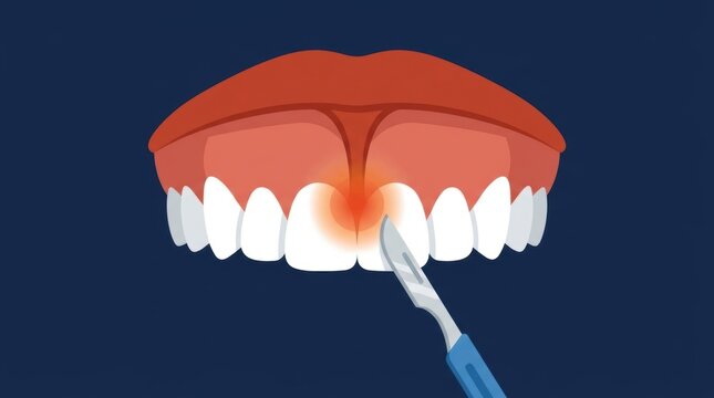 Medical illustration of a frenectomy procedure performed on the upper lip frenulum with a scalpel