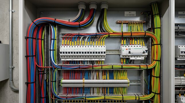 Neat Industrial Power Distribution Board with Circuit Breakers and Color Coded Wiring