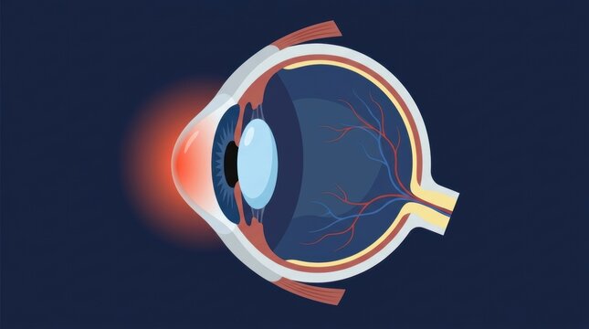 Cross section diagram of a human eye showing inflammation of the cornea in a medical illustration